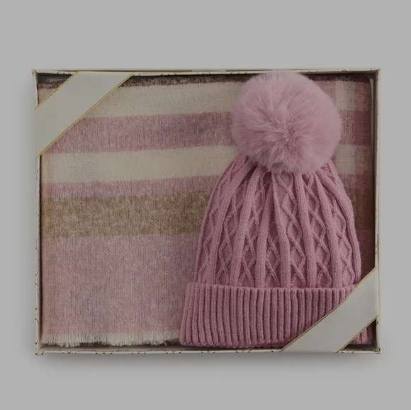 Nine West Plaid Scarf and Pom Beanie Set - Picture 2 of 5